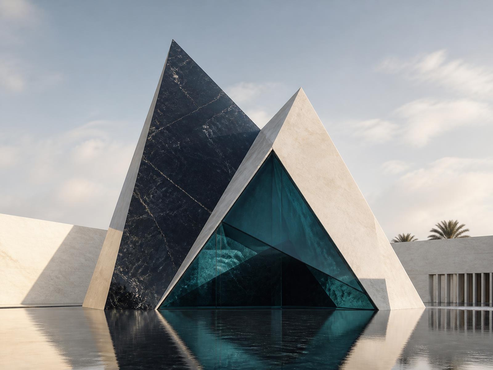 Abstract architectural geometry in navy marble, ivory stone and teal glass reflecting Makeen Capital's structured approach